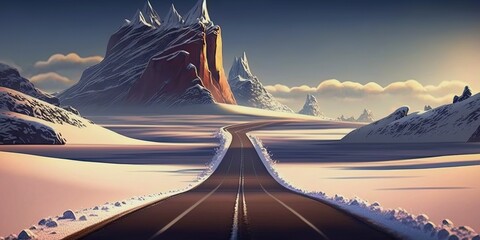 Winter landscape with lonely road among snowy mountains. Beautiful winter view, cartoon illustration as background or wallpaper. Generative AI art.
