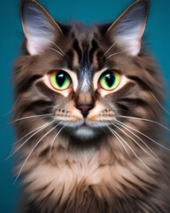 Portrait of a beautiful fluffy cat on a blue background. Generative AI