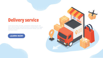 Delivery service concept. Truck and drone with boxes on smartphone screen. Globalization and logistics. Online shopping and express home delivery, marketing. Cartoon isometric vector illustration