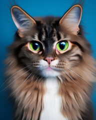 Obraz premium Portrait of a beautiful fluffy cat on a blue background. Generative AI