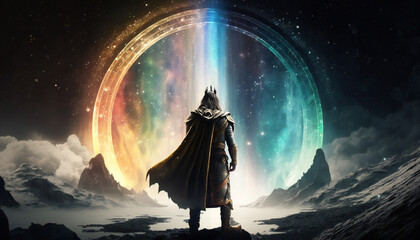 Heimdall the watchman of the gods, standing guard over Bifrost, the rainbow bridge - German Mythologies - Generative AI