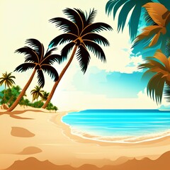 Fototapeta na wymiar Sandy beach with palm trees. Sea gulf in the Tropics. Vector background for design - generative ai