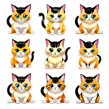 Сute cartoon cats in anime style, set of 9 cats. Generative AI art illustration