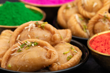 Gujia Also Called Gujiya, Pirukiya, Pirukia, Pedakiya, Karanji, Basundi Or Gughra Stuffed With Mawa, Khoya, Chasni, Mava, Khoa - Indian Sweet Dumpling Enjoyed On Deepawali, Teez, Holi, Diwali And Teej