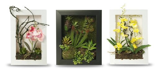 conjunto de flores artificiales en marco de madera tipo cuadro para el hogar, cafetería...