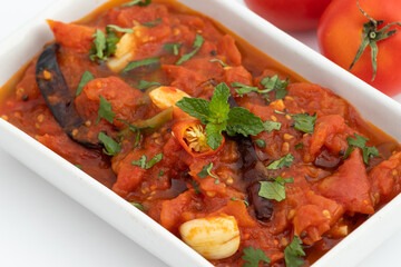 Salted Spicy Tomato Chutney Also Called Lehsoon Pyaaj Tamatar Ki Namkeen Chatni Or Chutney Prepared From Fresh Roasted Tomatoes Spiced With Pyaj, Lehsun, Garlic, Pyaaz, Onion Paste And Garam Masala