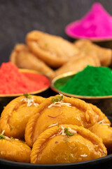 Kesar Gujia Also Called Gujiya, Pirukiya, Pirukia, Pedakiya, Karanji, Basundi Or Gughra Stuffed With Mawa, Khoya, Chasni, Mava, Khoa - Indian Dumpling Enjoyed On Deepawali, Teez, Holi, Diwali And Teej