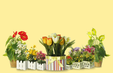 COLLAGE DE FLORES ARTIFICIALES EN FONDO AMARILLO CON ESPACIO PARA TEXTO 