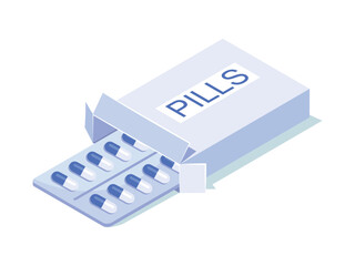 First aid pills. White and blue pills in plastic blister, set of painkillers. Graphic element for pharmacy website, hospital inventory. Cartoon isometric vector illustration