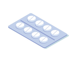 First aid pills. White medicines, drugs and painkillers, pharmaceutics. Blister of white medicines. Healthcare pharmacy tablets for hospital. Cartoon isometric vector illustration