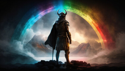 Heimdall the watchman of the gods, standing guard over Bifrost, the rainbow bridge - German Mythologies - Generative AI