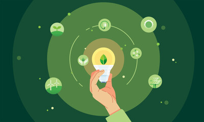 Hands holding green ecology light bulb renewable energy idea environmental icons windmill, recycle, solar panel, electric car eco friendly technology concept