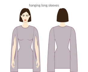 Hanging sleeves slit clothes - beautiful women in slashed dresses, tops, shirts technical fashion illustration with fitted body. Flat apparel template front, back sides. Women, men unisex CAD mockup