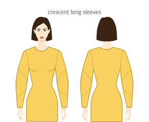 Croissant sleeves long length clothes character beautiful lady in yellow top, shirt, dress technical fashion illustration, fitted. Flat apparel template front, back sides. Women, men unisex CAD mockup
