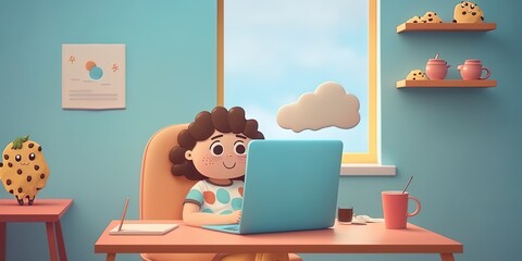 cute funny smiling girl working at computer simplified cartoon style, pastel colors, generative ai