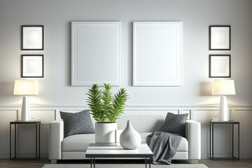 Fototapeta premium Leere weiße Rahmen in einem modernen Wohnzimmer created with Generative AI technologies