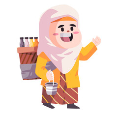 Jamu ethnic vendor of herbal drink woman carry bottle in basket traditional java Indonesian