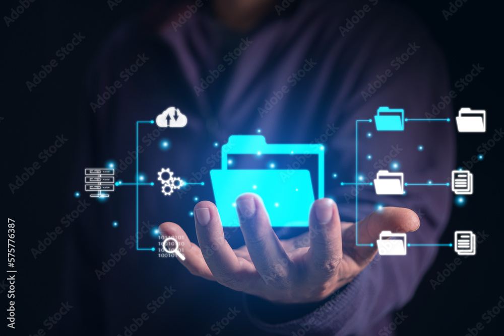 Poster business man holding virtual files and folders diagram , manage digital files document with Global Internet connection. Business global internet connection application technology