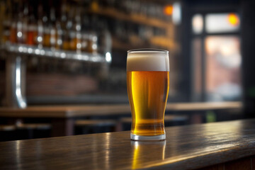 A glass of cold beer, lager, ale on a bar countertop in a pub with light emanating from outside, AI-generated