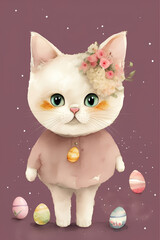 watercolor drawing of a cat with easter eggs, smiling. generative AI