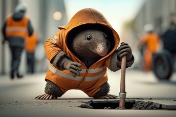 A mole in the clothes of a road worker, concept of Safety Gear and Hard Hat, created with Generative AI technology - obrazy, fototapety, plakaty