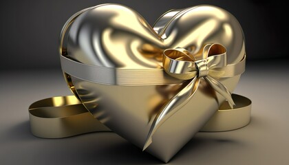 Heart-shaped box with a bow on top, 3D rendering, wrapped in shiny gold and silver, loving mood, gift created with generative AI technology.
