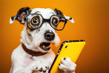 Shocked cute dog in glasses with open mouth looks at h, concept of Surprised and Amazed, created with Generative AI technology
