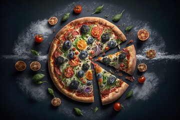 Fototapeta na wymiar Pizza on a table illustration. Studio Shot. Generative AI