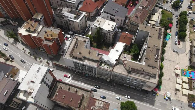 Birds Eye Aerial View of Downtown Uzice, Central Square, Main Street and Buildings, HIgh Angle Drone Shot