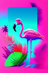Summer time with flamingo,palm leaf,sunglasses refection neon pink and blue and green light on table with copy space.Trendy vacation holiday background - generative ai