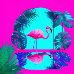 Fototapeta na wymiar Summer time with flamingo,palm leaf,sunglasses refection neon pink and blue and green light on table with copy space.Trendy vacation holiday background - generative ai
