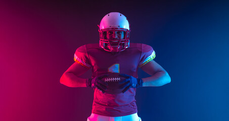 American football player banner. Template for a sports magazine on the theme of American football with copy space. Mockup for betting advertisement.