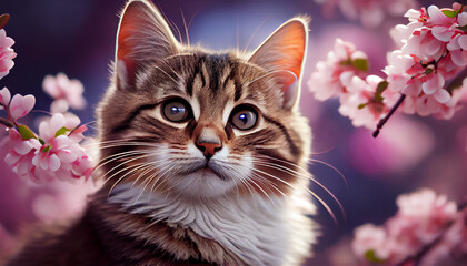 Long haired cat sitting in blossom cherry tree, looking off camera, short depth of field, bokeh, AI generative 