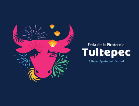 VECTORS. Illustration for the Pyrotechnic Festival in Tultepec, Mexico. Firework fair, bull, tradition, art