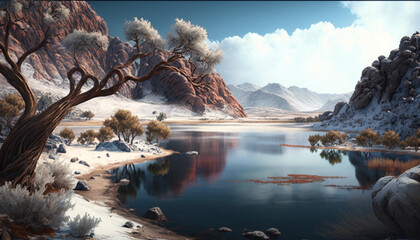 Beautiful landscape with lake and mountains in the background, Generated by AI