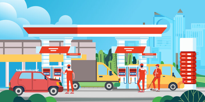 Gas station with shop in city background people refueling cars man in uniform fueling car at petrol station