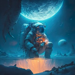 Obraz na płótnie Canvas Astronaut forscht bei Dunkelheit mit Sicht auf den Mond 