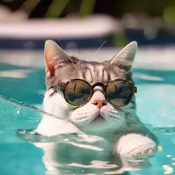 Katze mit cooler Sonnenbrille chillt im Pool