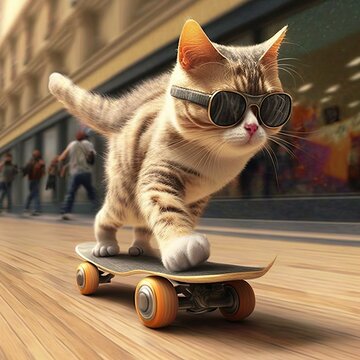 Eine Sonnenbrillen tragende Katze auf einem Skateboard.

