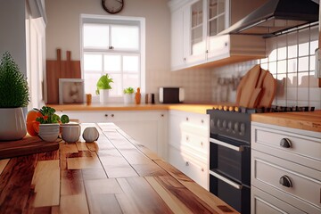 Interior designer of a kitchen with light brown wooden countertops and white cabinets.