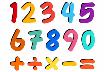 colorful numbers and math Symbol with black shadow isolated on white background