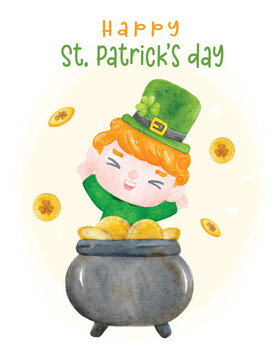 Cute Happy St. Patrick's day, happy smile Laprechaun in gloden pot kid cartoon character watercolour hand painting