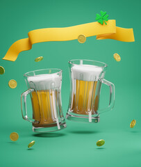 Saint Patrick's day glasses with beer with golden coins and ribbon on green bokeh background. 3d render illustration. St patrick day background