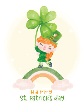 Cute Happy St. Patrick's day, happy smile Laprechaun in gloden pot kid cartoon character watercolour hand painting