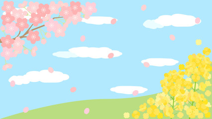 Obraz na płótnie Canvas 桜と菜の花と青空の春のカード　アスペクト比16：9バージョン
