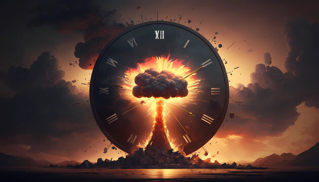 Doomsday Clock, nuclear war. Countdown to midnight, atomic bomb explosion. Apocalypse. Generative AI