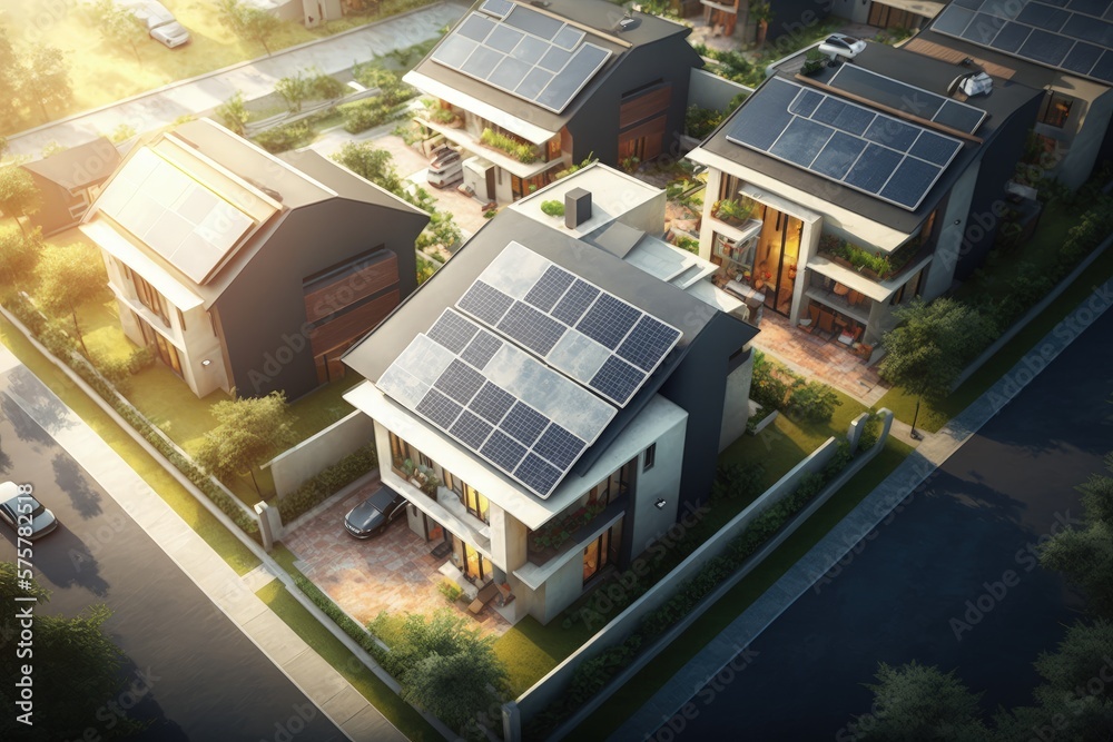 Wall mural Houses with solar panels, drone view. Residential condominium with solar energy system, Generative AI