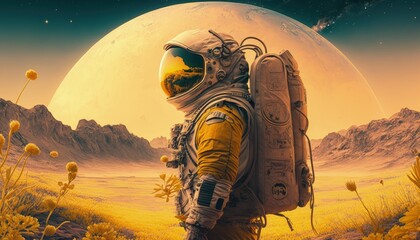 Astronaut exploring yellow planet, Landscape on yellow exoplanet, Generative AI
 - obrazy, fototapety, plakaty