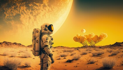Astronaut exploring yellow planet, Landscape on yellow exoplanet, Generative AI
