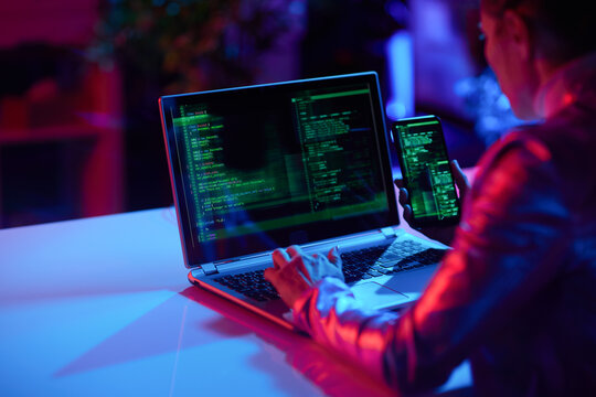 Seen from behind modern female with laptop developing app